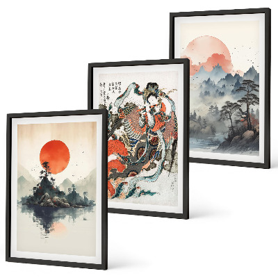 Three-piece wall art piece Asian japandi paintings