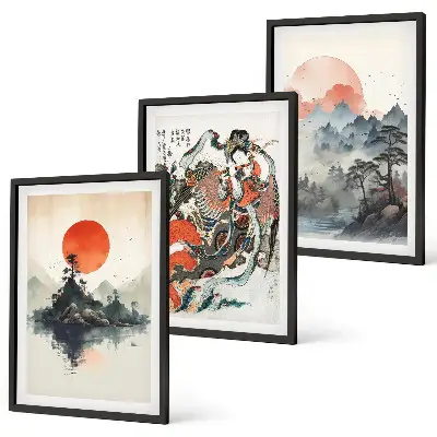 Three-piece wall art set Asian Japandi style paintings
