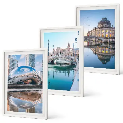 Set of 3 framed wall art pieces featuring architecture of cities on water