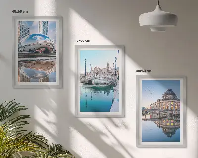 Set of 3 framed wall art pieces featuring architecture of cities on water