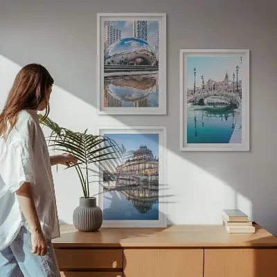 Set of 3 framed wall art pieces featuring architecture of cities on water