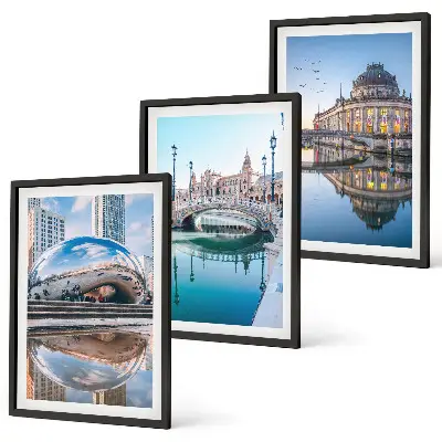 Set of 3 framed wall art pieces featuring architecture of cities on water