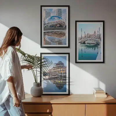 Set of 3 framed wall art pieces featuring architecture of cities on water