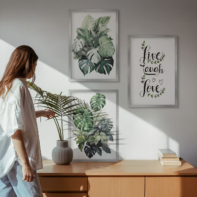 Three-piece wall art piece Leafy plants live laugh love