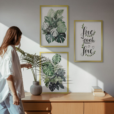 Three-piece wall art piece Leafy plants live laugh love