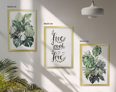 Three-piece wall art piece Leafy plants live laugh love