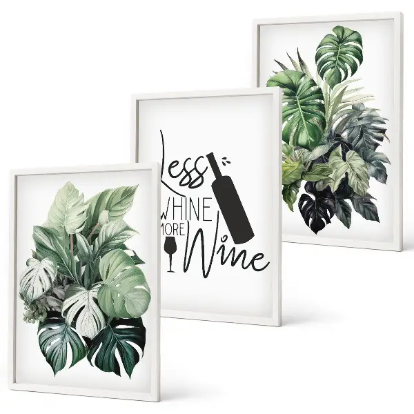 Set of 3 framed wall art pieces featuring wine green plant leaves