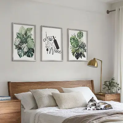 Set of 3 framed wall art pieces featuring wine green plant leaves