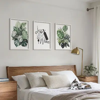 Set of 3 framed wall art pieces featuring wine green plant leaves
