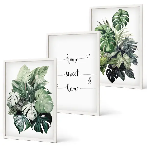 Watercolor Monstera Leaves wall art set of 3 framed pieces
