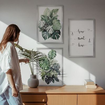 Set of 3 framed wall art pieces Watercolor Monstera Leaves
