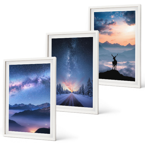 Three-piece wall art piece Night sky mountains fog deer
