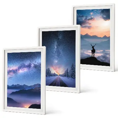 Three-piece wall art set night sky mountains with fog and a deer