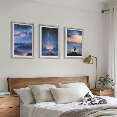 Three-piece wall art piece Night sky mountains fog deer