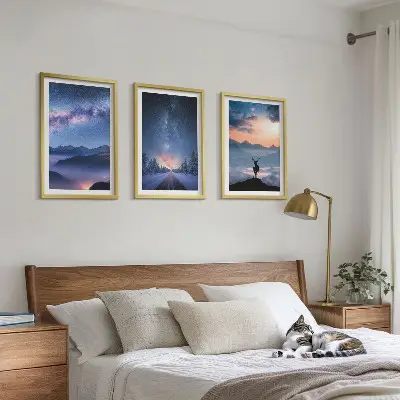 Three-piece wall art set night sky mountains with fog and a deer