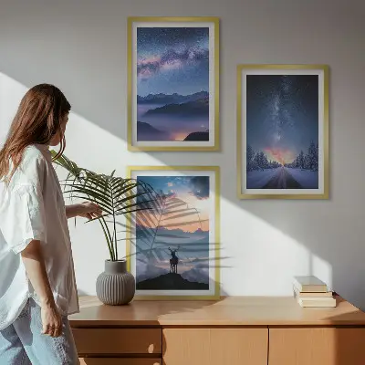 Three-piece wall art set night sky mountains with fog and a deer