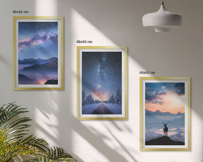 Three-piece wall art piece Night sky mountains fog deer
