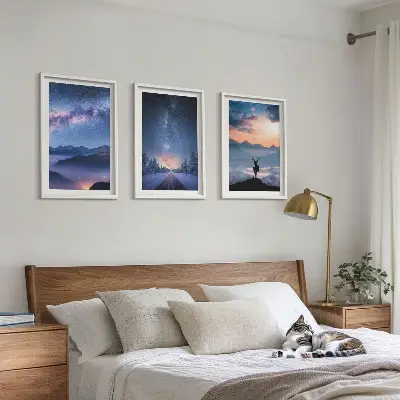 Three-piece wall art set night sky mountains with fog and a deer