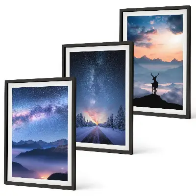 Three-piece wall art set night sky mountains with fog and a deer