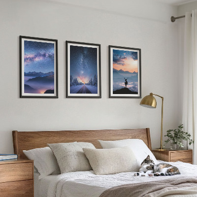 Three-piece wall art piece Night sky mountains fog deer