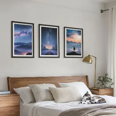 Three-piece wall art set night sky mountains with fog and a deer