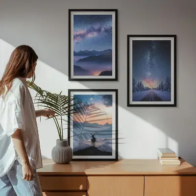 Three-piece wall art set night sky mountains with fog and a deer