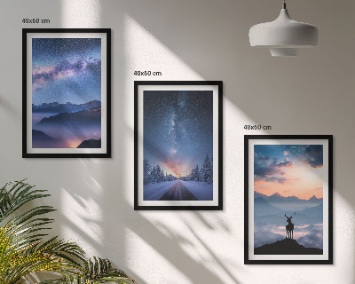 Three-piece wall art piece Night sky mountains fog deer