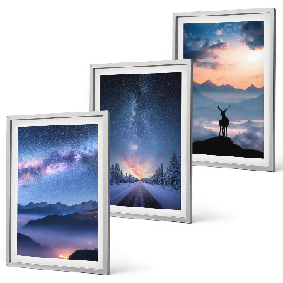 Three-piece wall art piece Night sky mountains fog deer