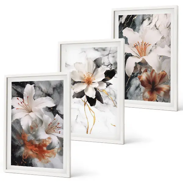 Set of 3 framed wall art pieces featuring a marble flower design in white and black