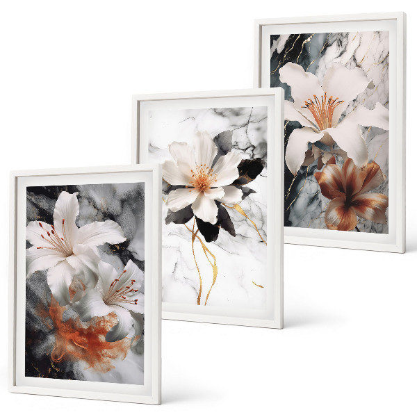 Set of 3 framed wall art pieces Flowers marble white black