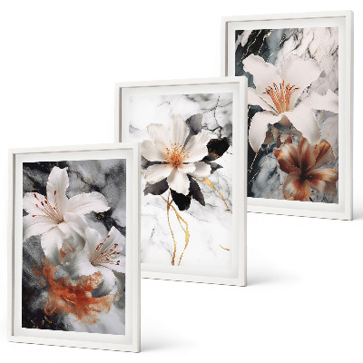 Set of 3 framed wall art pieces Flowers marble white black
