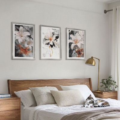 Set of 3 framed wall art pieces Flowers marble white black