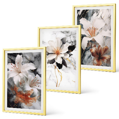 Set of 3 framed wall art pieces Flowers marble white black