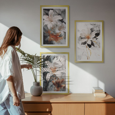 Set of 3 framed wall art pieces Flowers marble white black