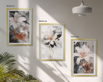 Set of 3 framed wall art pieces Flowers marble white black