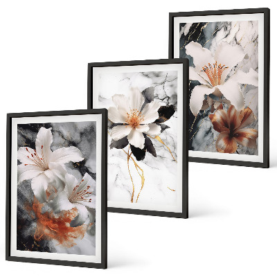 Set of 3 framed wall art pieces Flowers marble white black