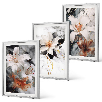 Set of 3 framed wall art pieces Flowers marble white black