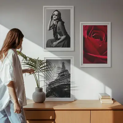 Wall art set featuring a Parisian lady with Eiffel Tower glasses
