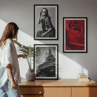Wall art set featuring a Parisian lady with Eiffel Tower glasses