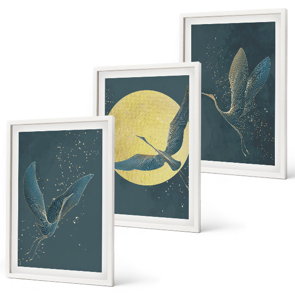 Set of 3 framed wall art pieces Cranes in flight at night