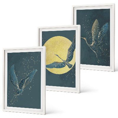 Set of 3 framed wall art pieces Cranes in flight at night