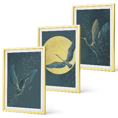 Set of 3 framed wall art pieces Cranes in flight at night
