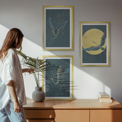 Set of 3 framed wall art pieces Cranes in flight at night