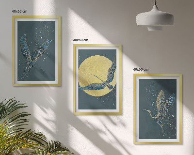 Set of 3 framed wall art pieces Cranes in flight at night