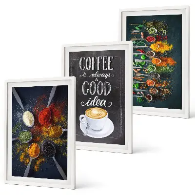 Three-piece wall art set featuring spices, coffee, herbs, and patterns