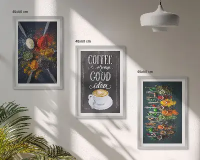 Three-piece wall art set featuring spices, coffee, herbs, and patterns