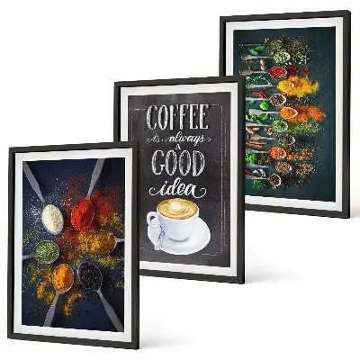Three-piece wall art set featuring spices, coffee, herbs, and patterns