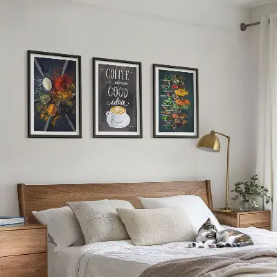 Three-piece wall art set featuring spices, coffee, herbs, and patterns