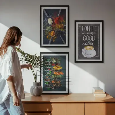 Three-piece wall art set featuring spices, coffee, herbs, and patterns