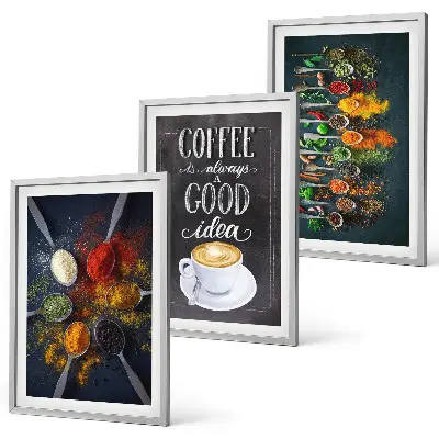 Three-piece wall art set featuring spices, coffee, herbs, and patterns